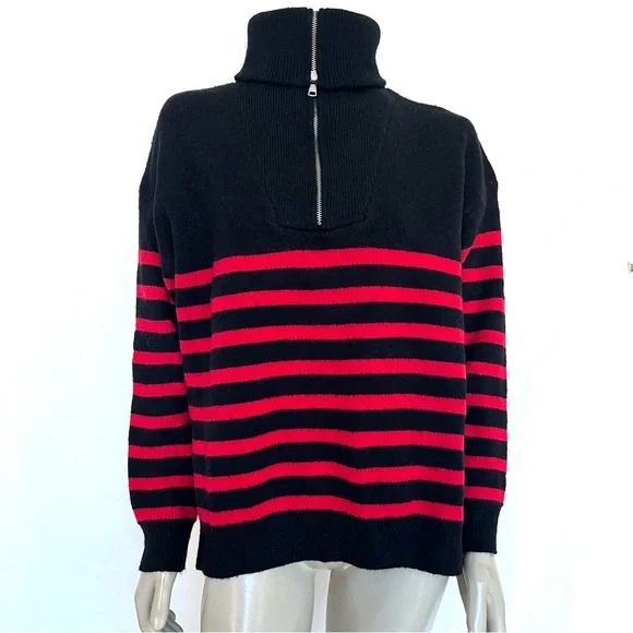 Women’s  Loose High Neck Striped Drop Shoulder Knit Turtleneck Sweater - Picture 5 of 12